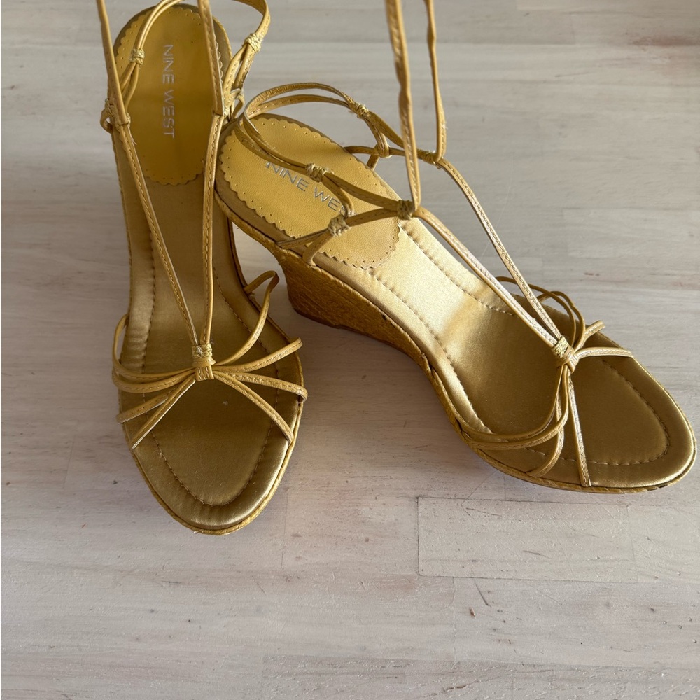 Nine West Gold Wedge Sandals with Peep-Toe Design